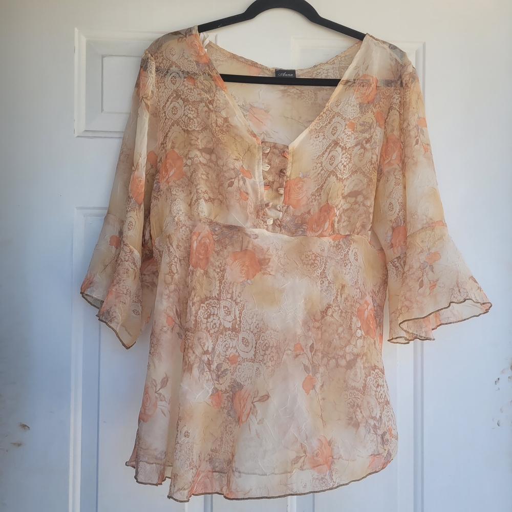 Anna Sheer Floral Blouse Size 2X with 3/4 Peasant Sleeves - Peach and Cream USA